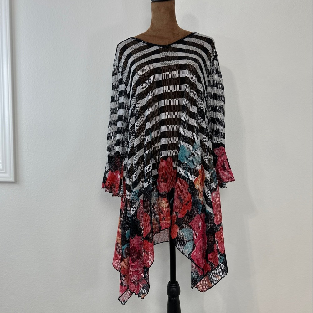 Dor‎ Dor Couture by Anthropoligie Mesh Tunic Womens 2X  Striped Floral cover-up